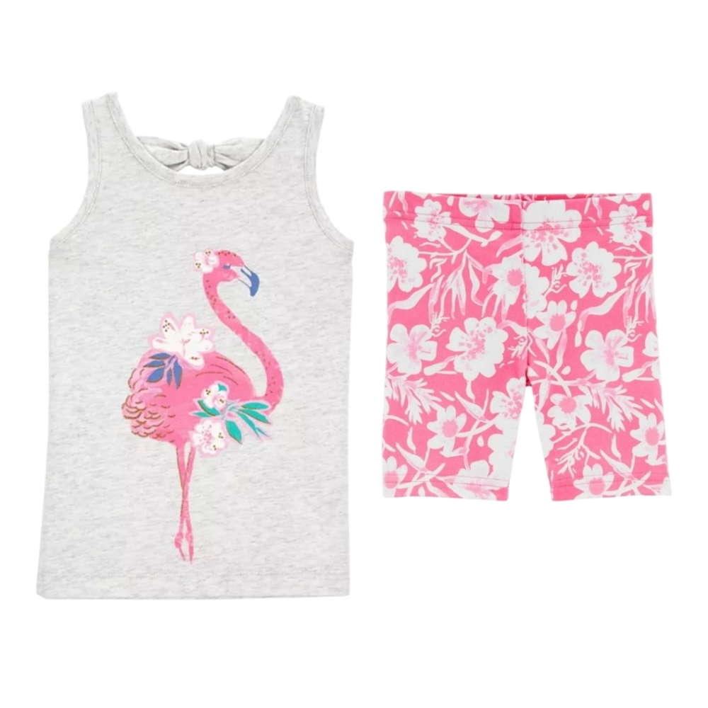 Girls Gray & Pink Flamingo Tank Top and Floral Shorts Matching Set